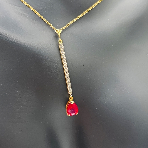 14K. SOLID GOLD NECKLACE WITH DIAMONDS & RUBY - Picture 1 of 5